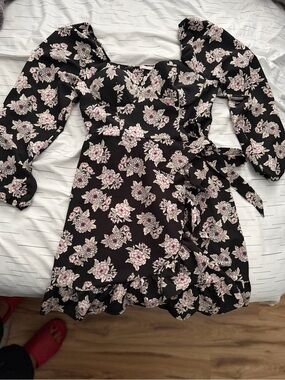 Black Floral Wrap Mini Dress with Puff Sleeves